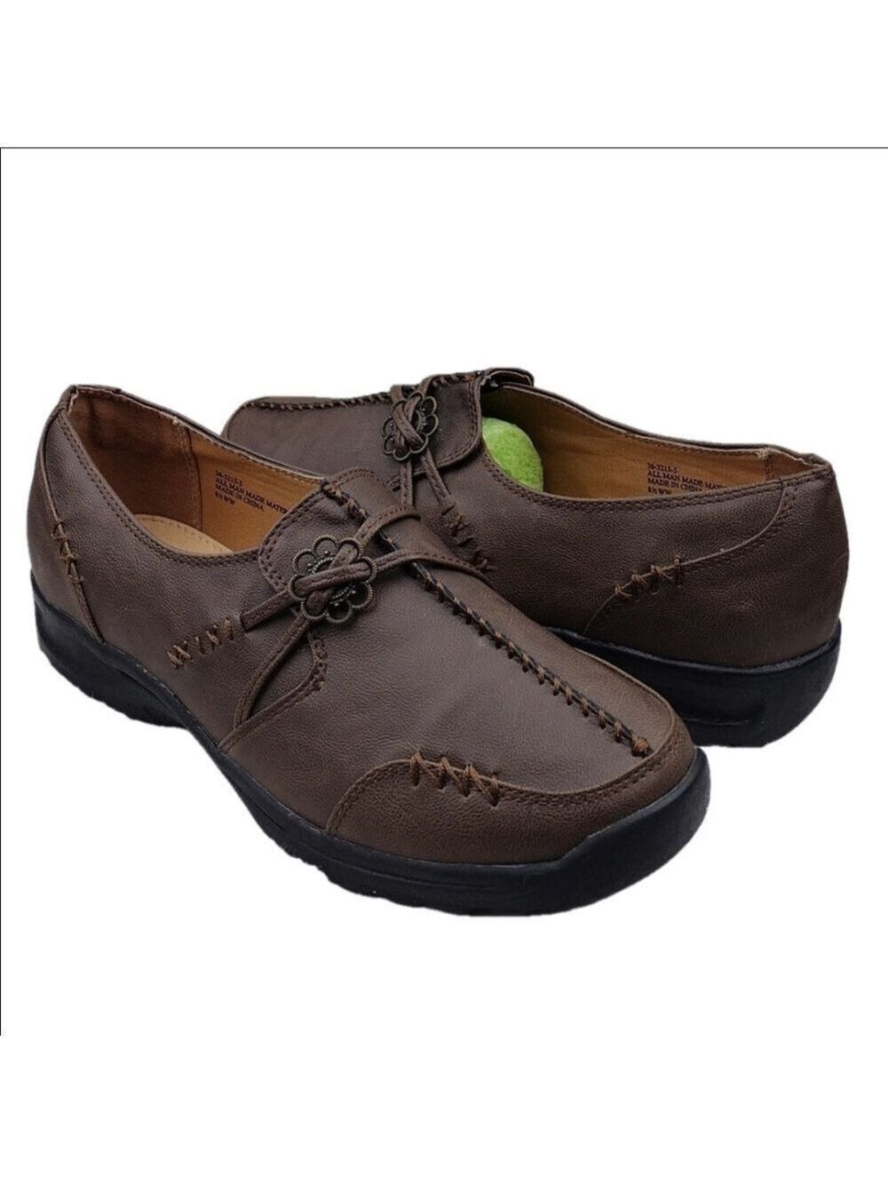 Comfortview Brown Faux Leather Floral Strap Upper Round Toe Low Heel Casual Shoe